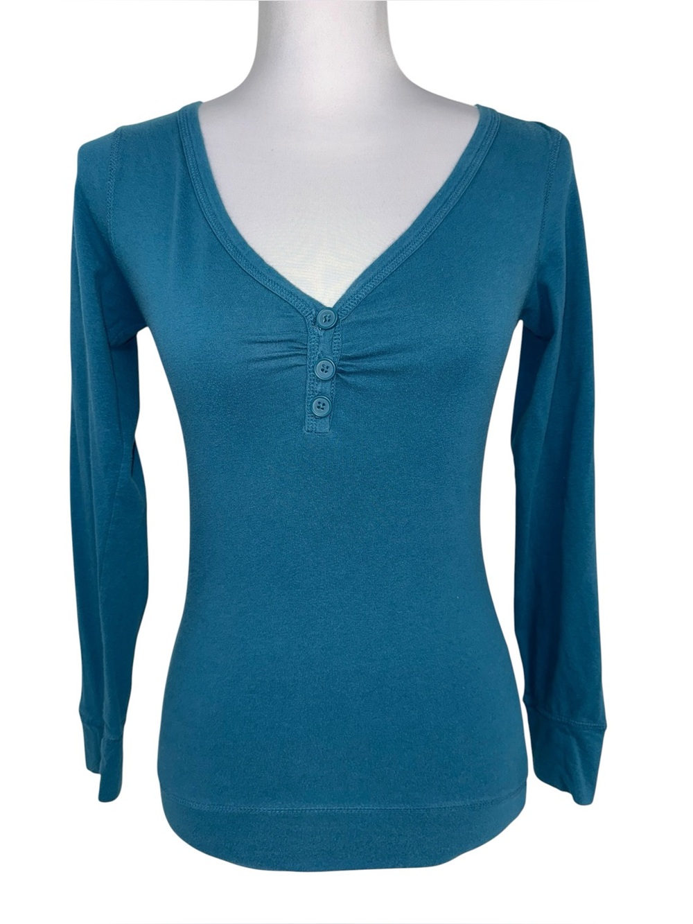 Active Basic Small Teal Blue Long Sleeve Henley V Neck Ruched Front Top Y2K